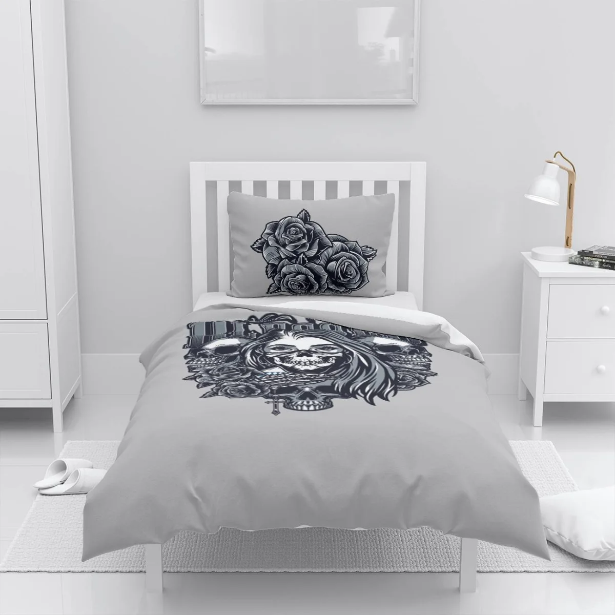 Kafatası ve gül Nevresim Takımı | Gri Gül, kurukafa Desenli