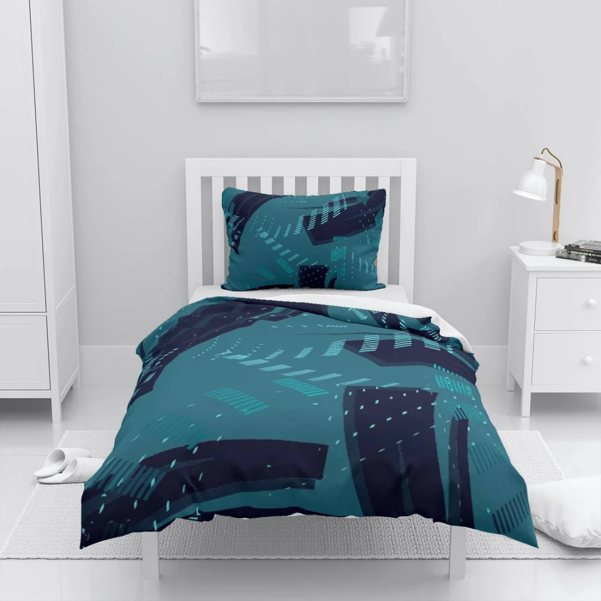 Soyut şehir manzarası Nevresim Takımı | Petrol mavisi Geometrik bloklar, çizgiler Desenli