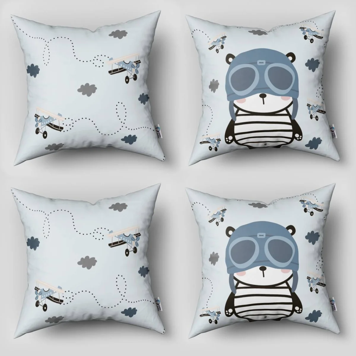 Pilot Ayı ve Uçaklar 4lü Kırlent | Açık Mavi Uçaklar, bulutlar Desenli