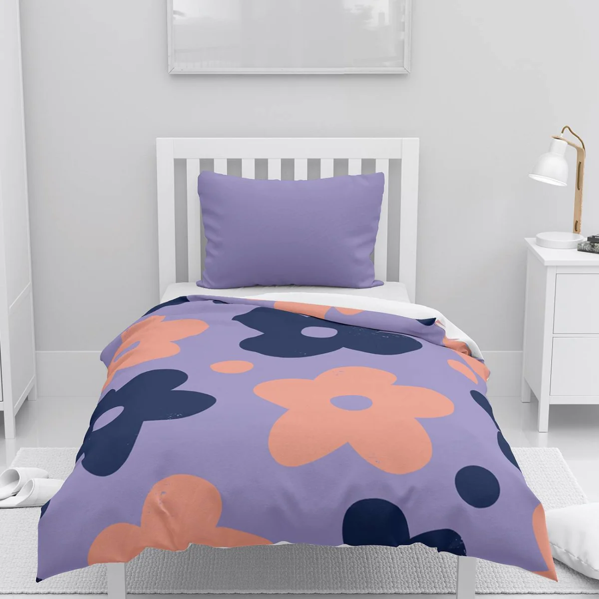 Çiçek Nevresim Takımı | Mor Şeftali rengi ve lacivert çiçekler, daireler Desenli