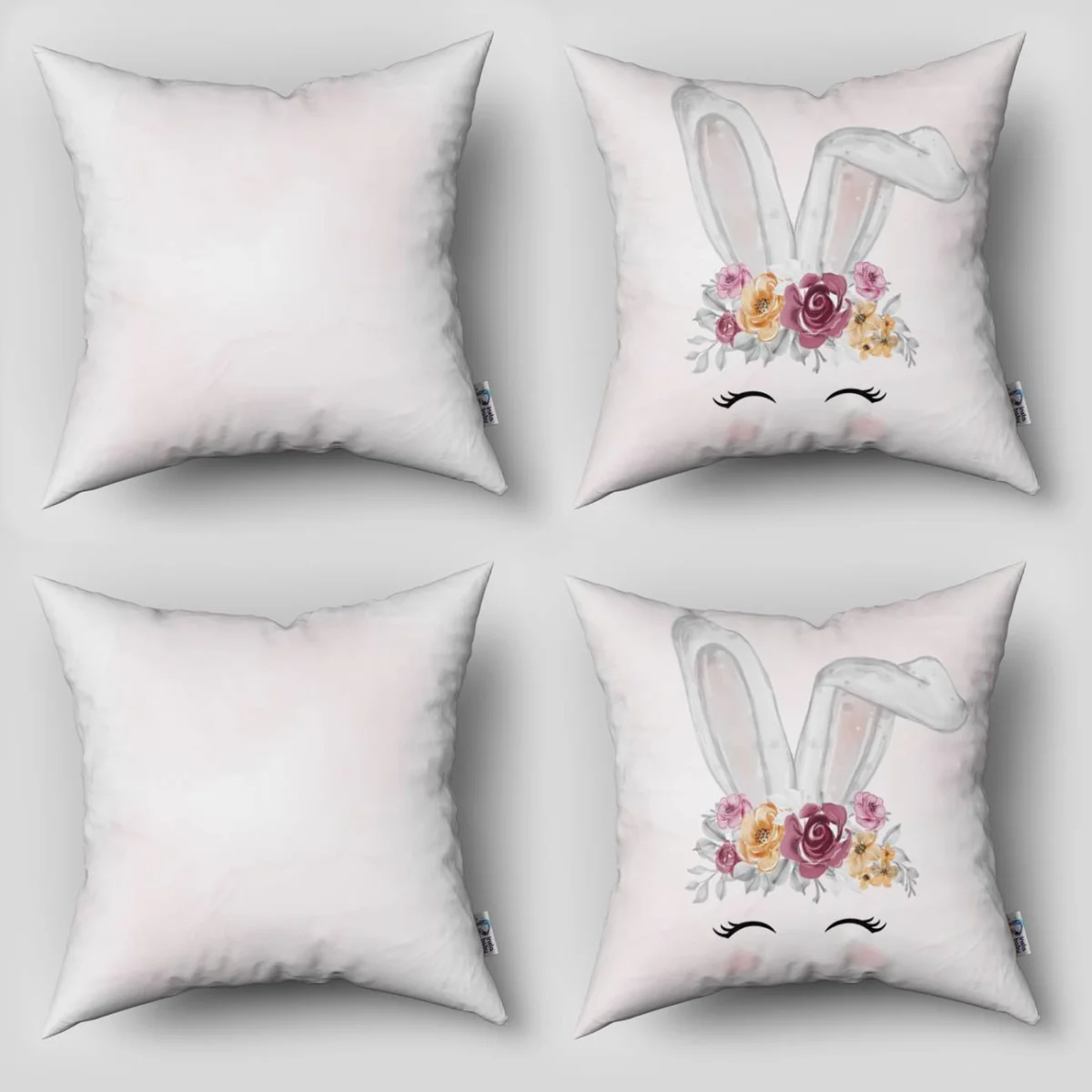 Tavşan 4lü Kırlent | Açık Pembe Çiçekli taç, kapalı gözler Desenli