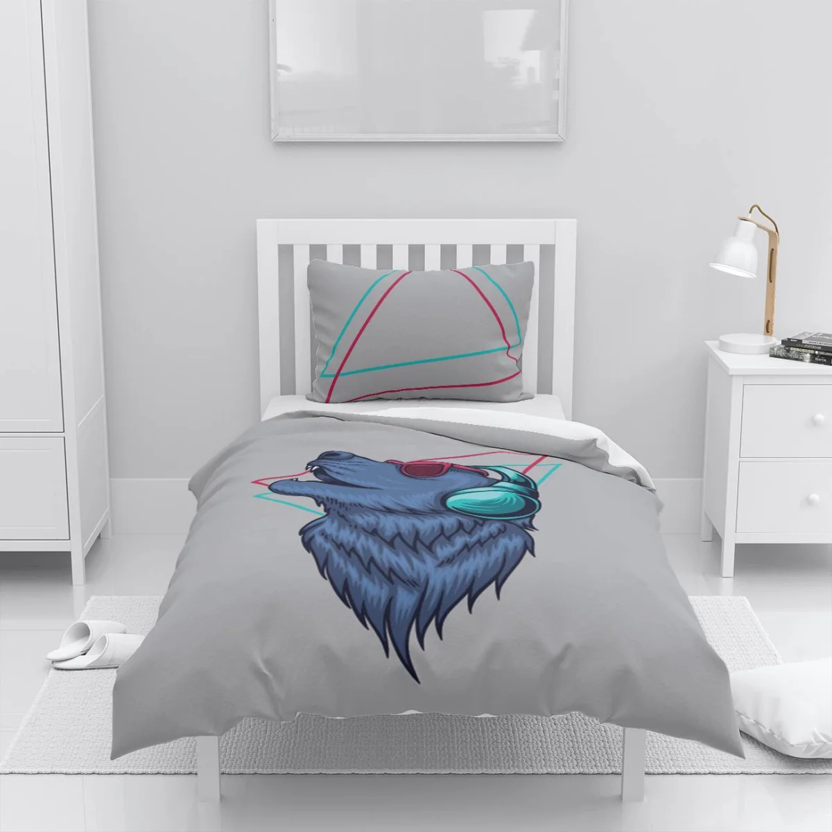 Kurt Nevresim Takımı | Gri güneş gözlüğü, kulaklık Desenli