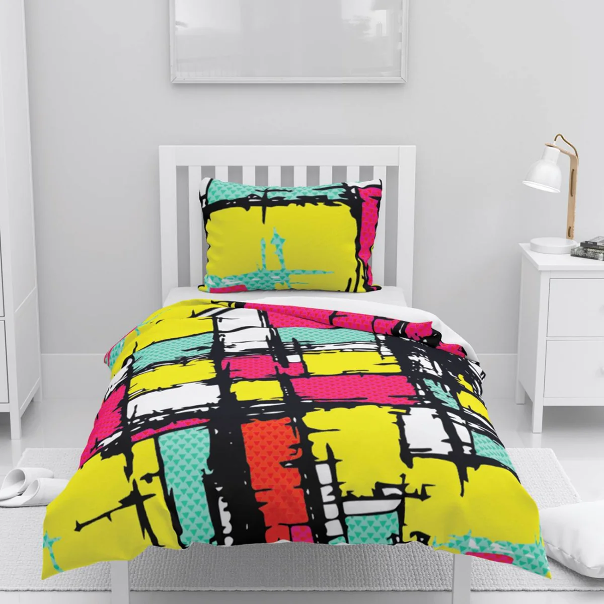 Soyut Grafik Nevresim Takımı | Sarı Soyut fırça darbeleri, geometrik desenler Desenli