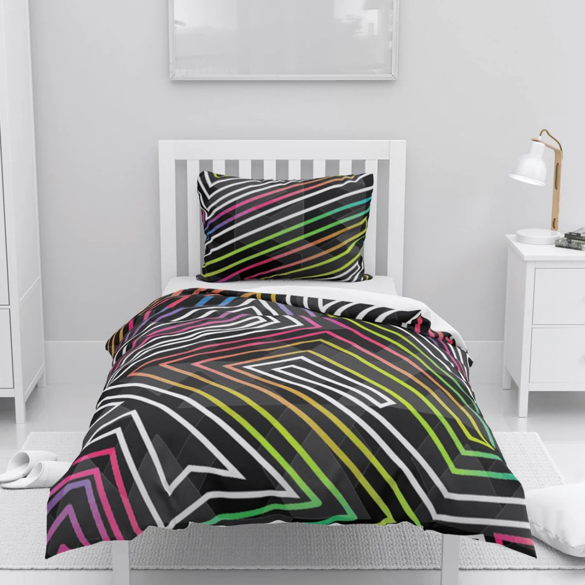 Soyut geometrik şekiller Nevresim Takımı | Siyah geometrik çizgiler, gökkuşağı renkleri Desenli