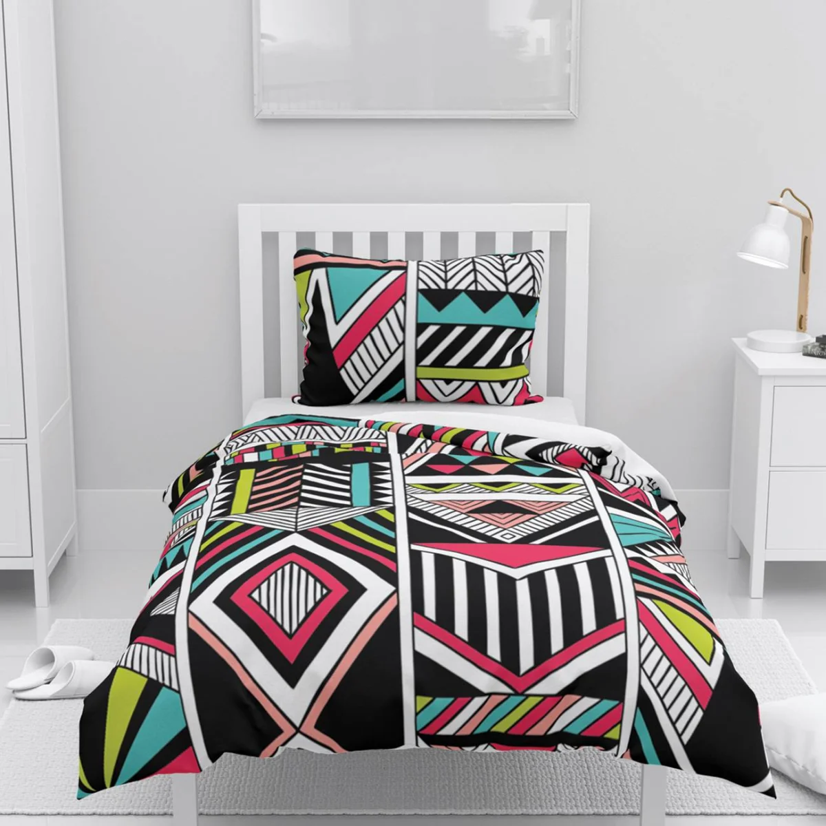 Soyut Geometrik Nevresim Takımı | Siyah Canlı renklerde üçgen, çizgi Desenli