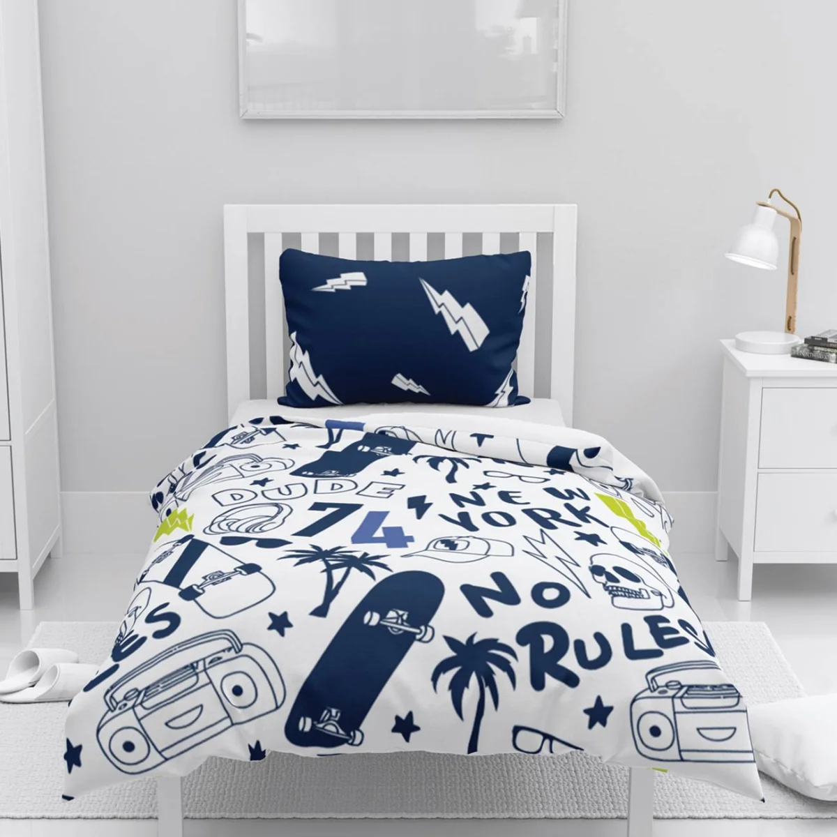 Skateboard Nevresim Takımı | Beyaz Yıldırım, palmiye ağacı Desenli