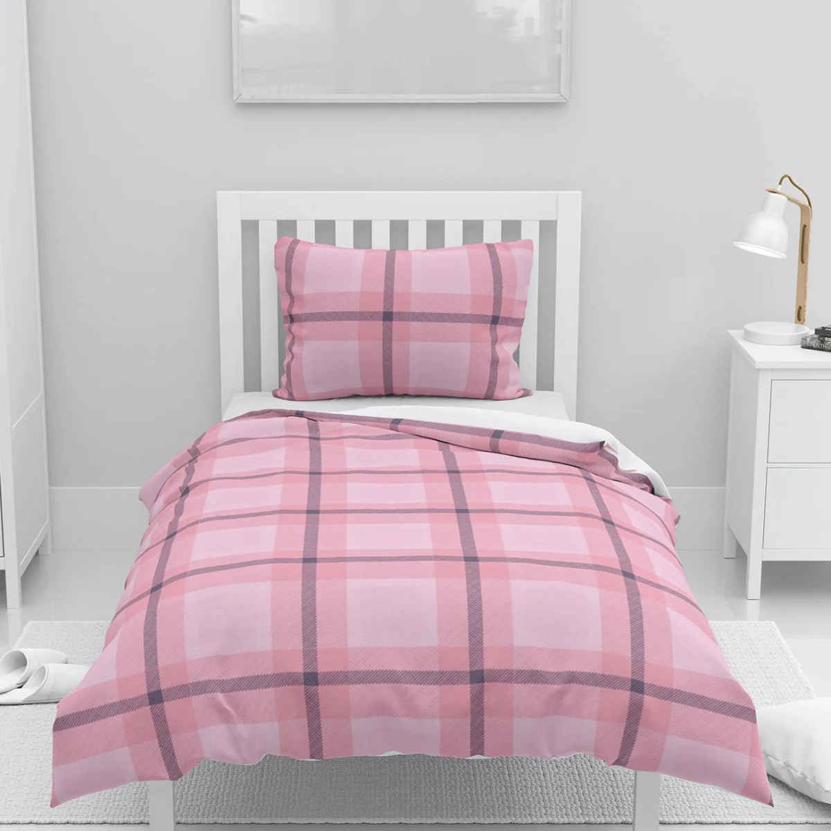 Ekose Nevresim Takımı | Pembe Farklı pembe tonları ve gri çizgiler Desenli