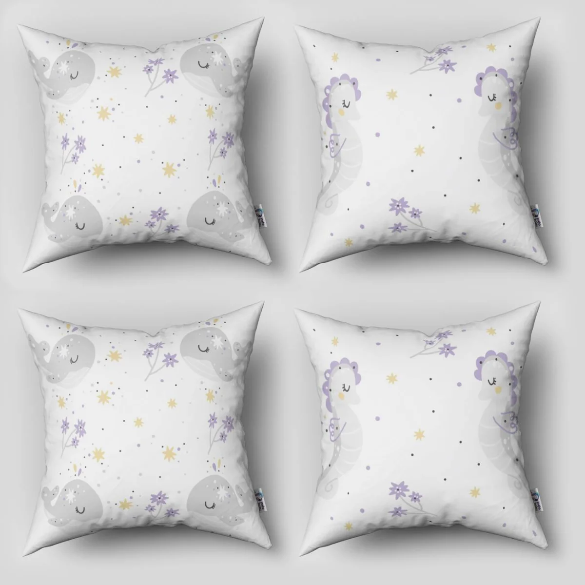 Deniz hayvanları 4lü Kırlent | Beyaz yıldız, çiçek Desenli