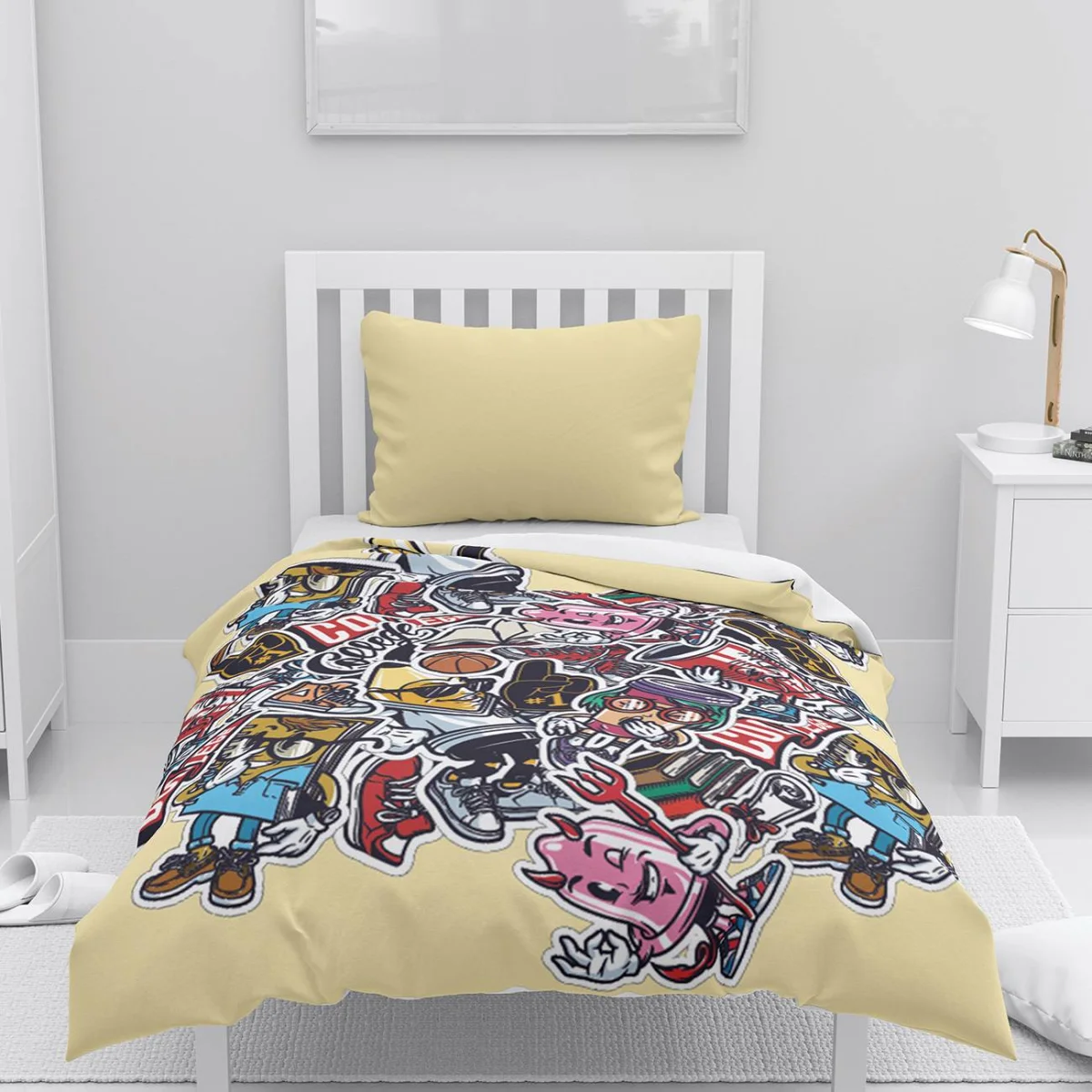 Pop kültürü temalı stickerlar Nevresim Takımı | Sarı Çok renkli çizgi film karakterleri ve pop ar...