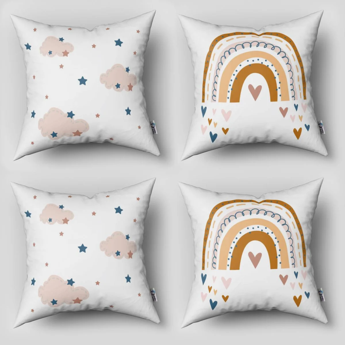 Gökkuşağı 4lü Kırlent | Beyaz gökkuşağı, bulutlar Desenli