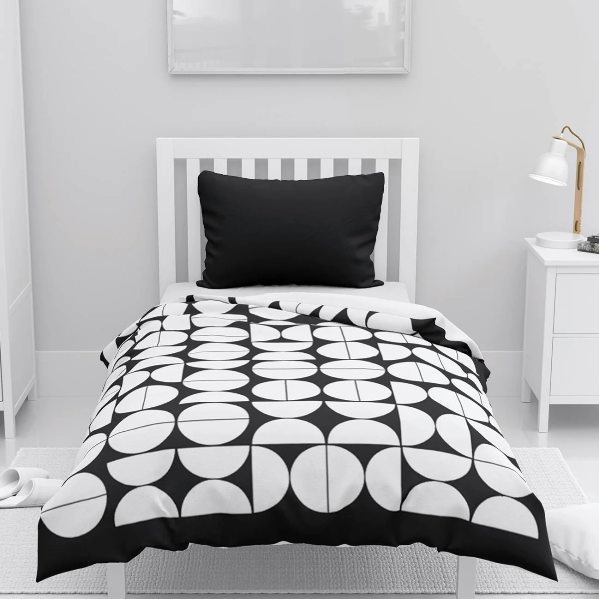 Geometrik Nevresim Takımı | Siyah Daireler, yarım daireler Desenli