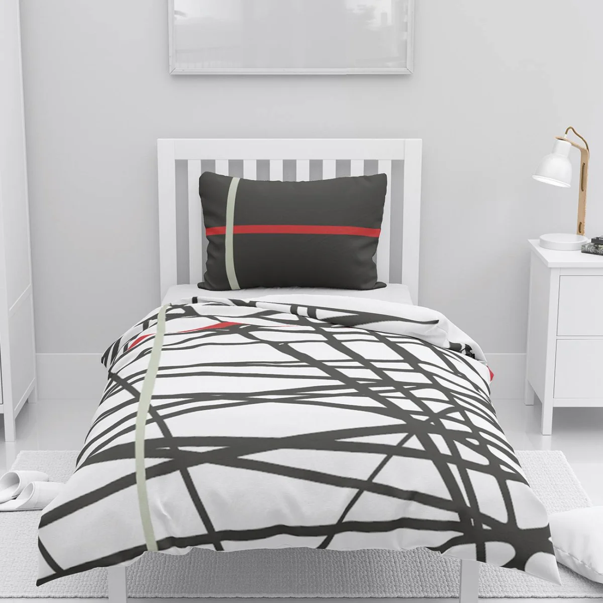 Soyut Çizgiler Nevresim Takımı | Beyaz siyah kesişen çizgiler, kırmızı ve bej detay Desenli