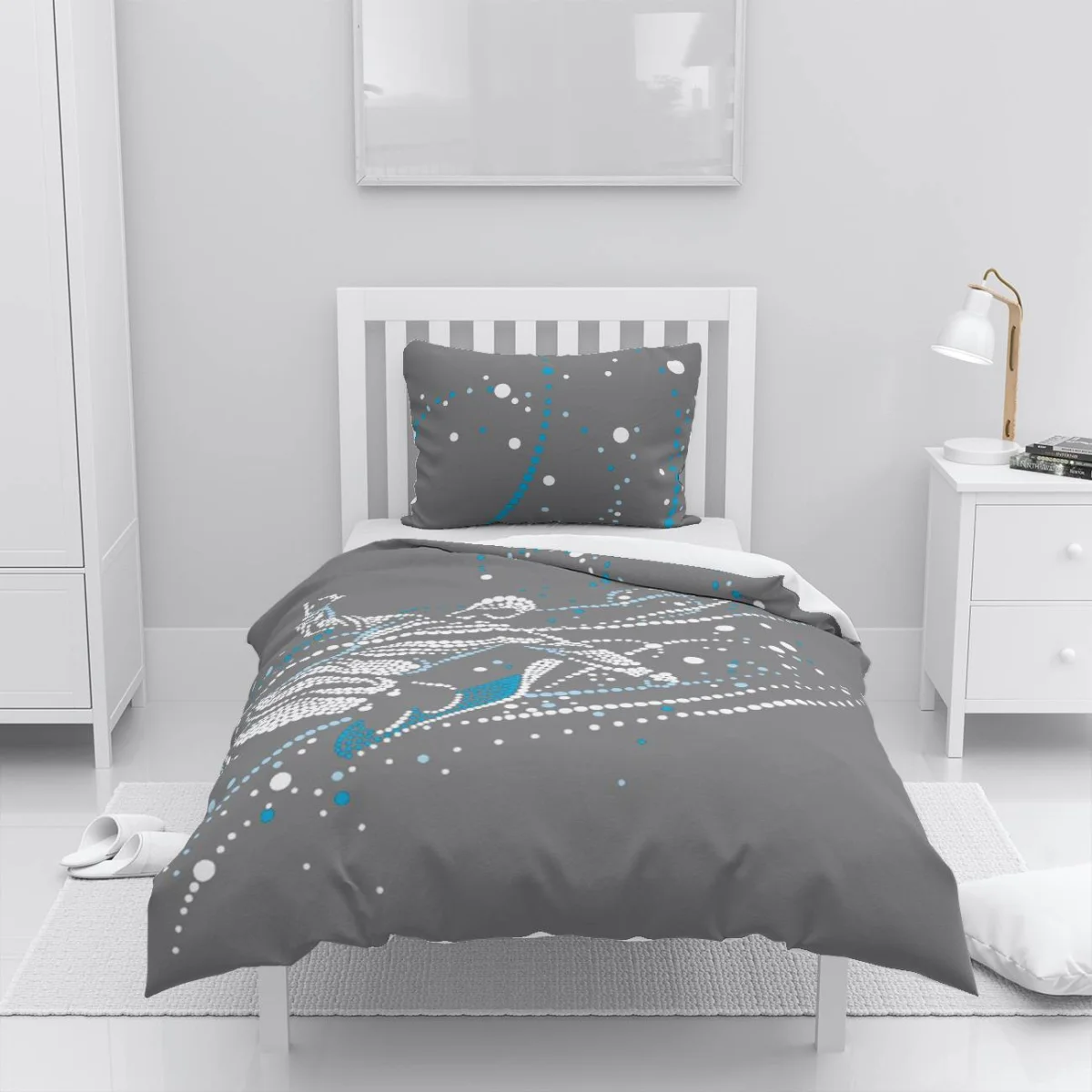 Soyut Desen Nevresim Takımı | Gri Beyaz ve mavi noktalar, farklı boyutlarda Desenli