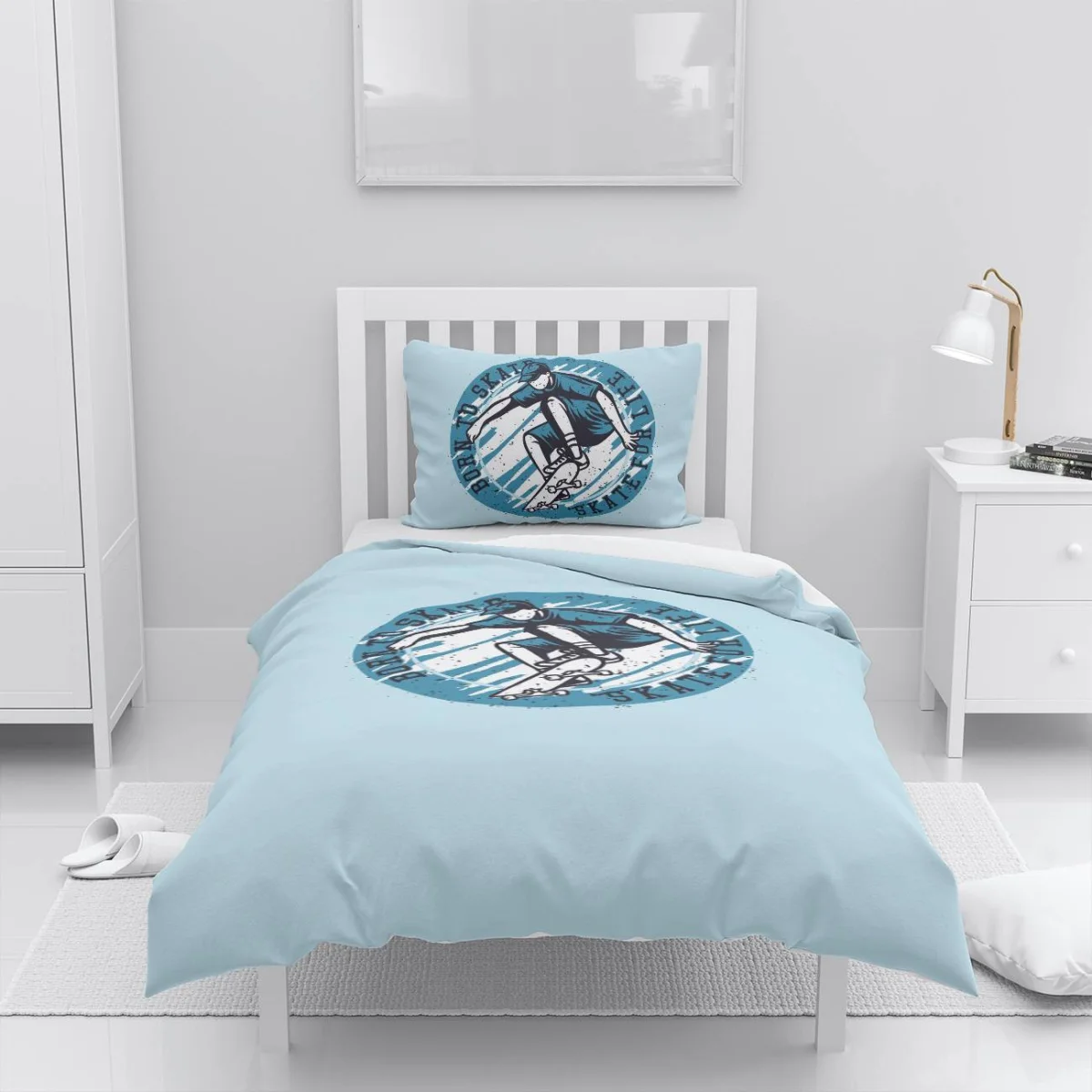 Kaykaycı, Kaykay Nevresim Takımı | Mavi grunge desenler, yazılı Desenli