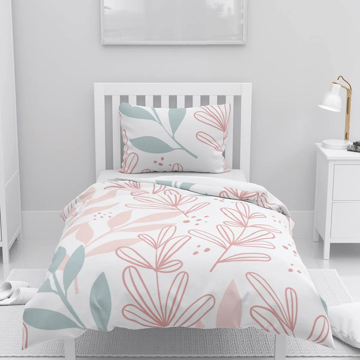 Bitkisel Yapraklar Nevresim Takımı | Beyaz soyut yapraklar, noktalar Desenli