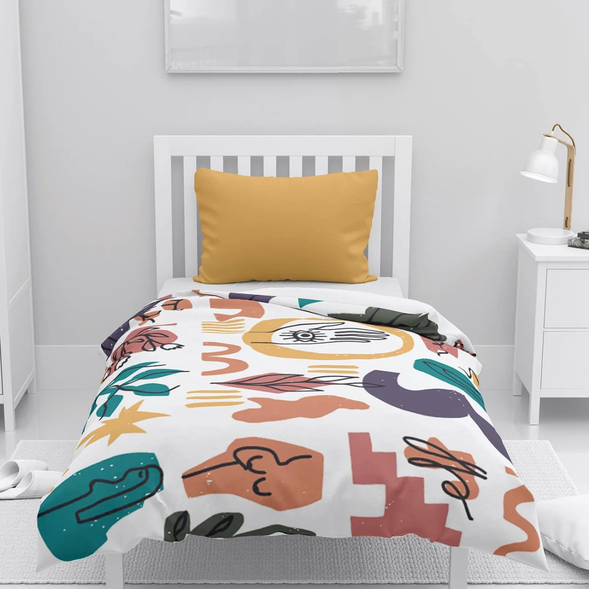 Soyut şekiller Nevresim Takımı | Beyaz Soyut şekiller, yapraklar Desenli