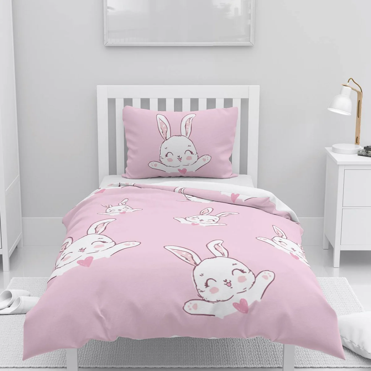 Sevimli Tavşanlar Nevresim Takımı | Pembe kalpler Desenli