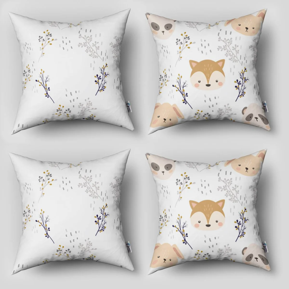 Orman Hayvanları 4lü Kırlent | Beyaz dallar, yapraklar Desenli