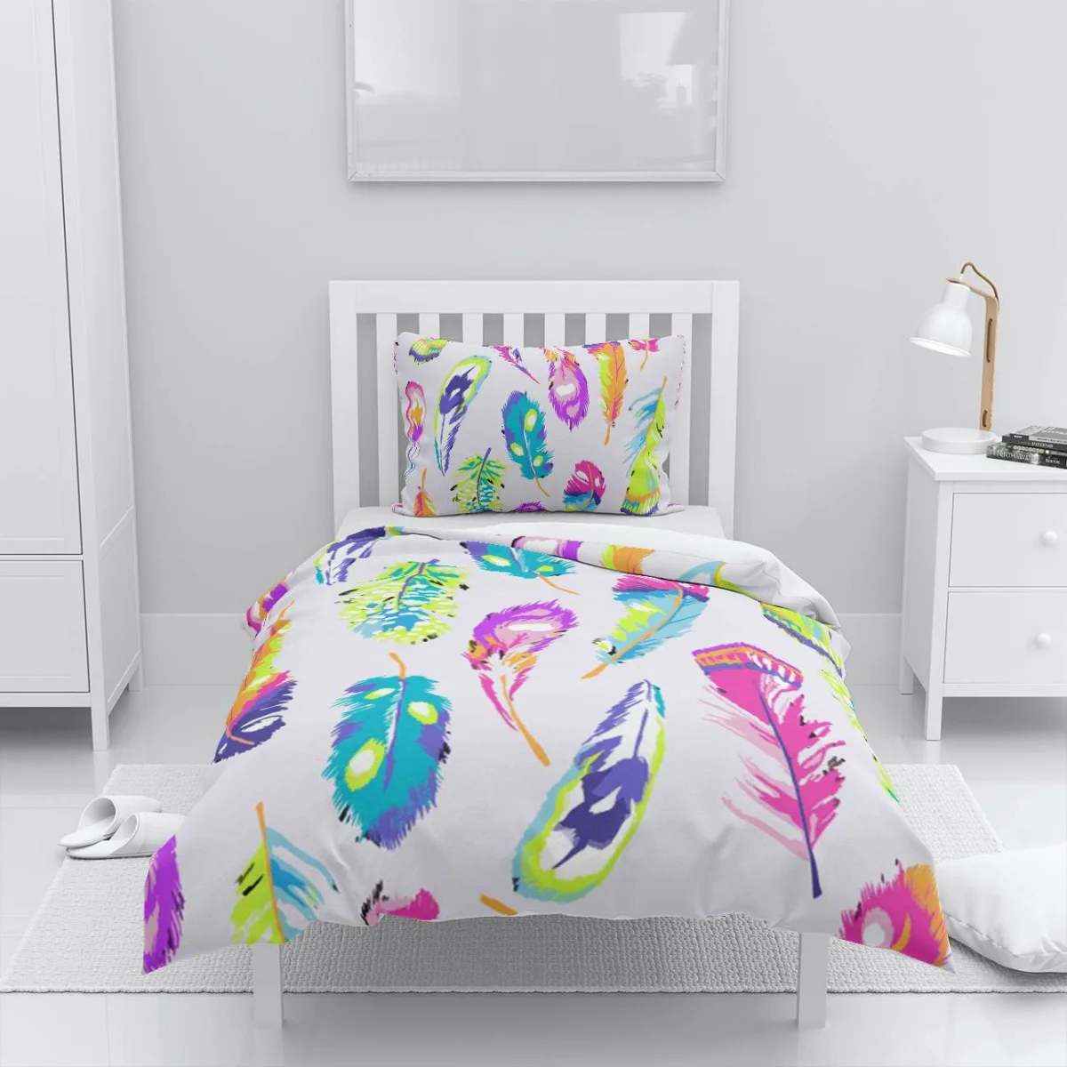 Tüyler Nevresim Takımı | Beyaz Fırça darbesi efektli canlı renkli tüyler Desenli