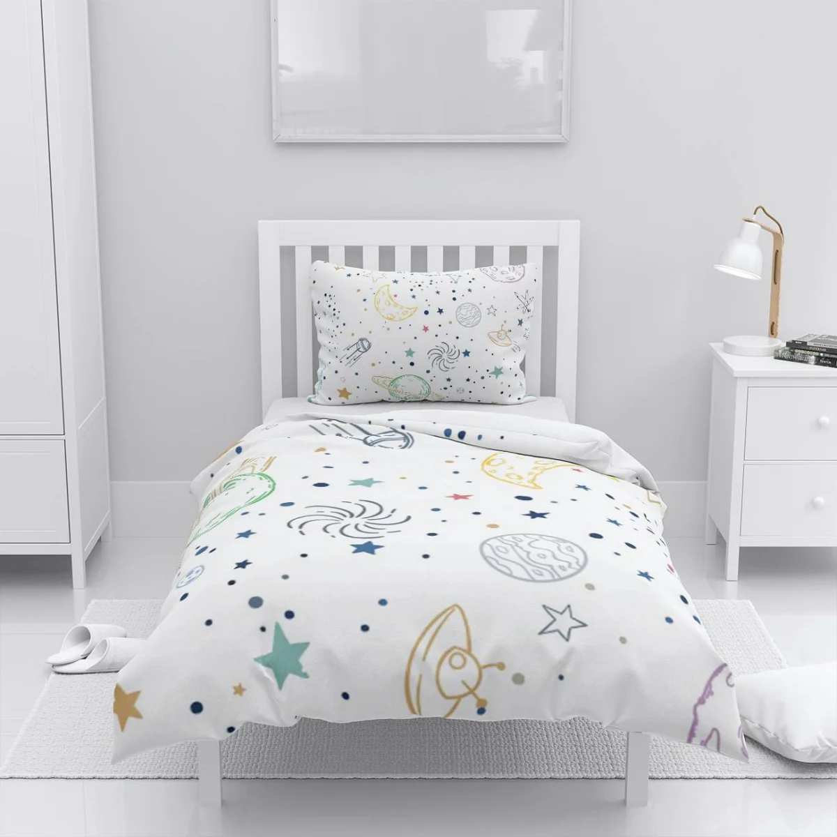 Uzay Nevresim Takımı | Beyaz yıldız, gezegen Desenli