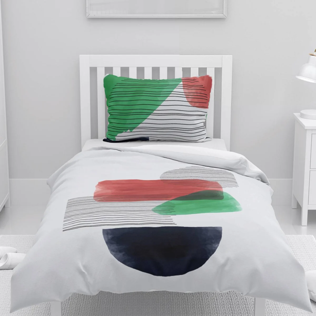 Soyut Geometrik Nevresim Takımı | Beyaz Şekiller, çizgiler Desenli