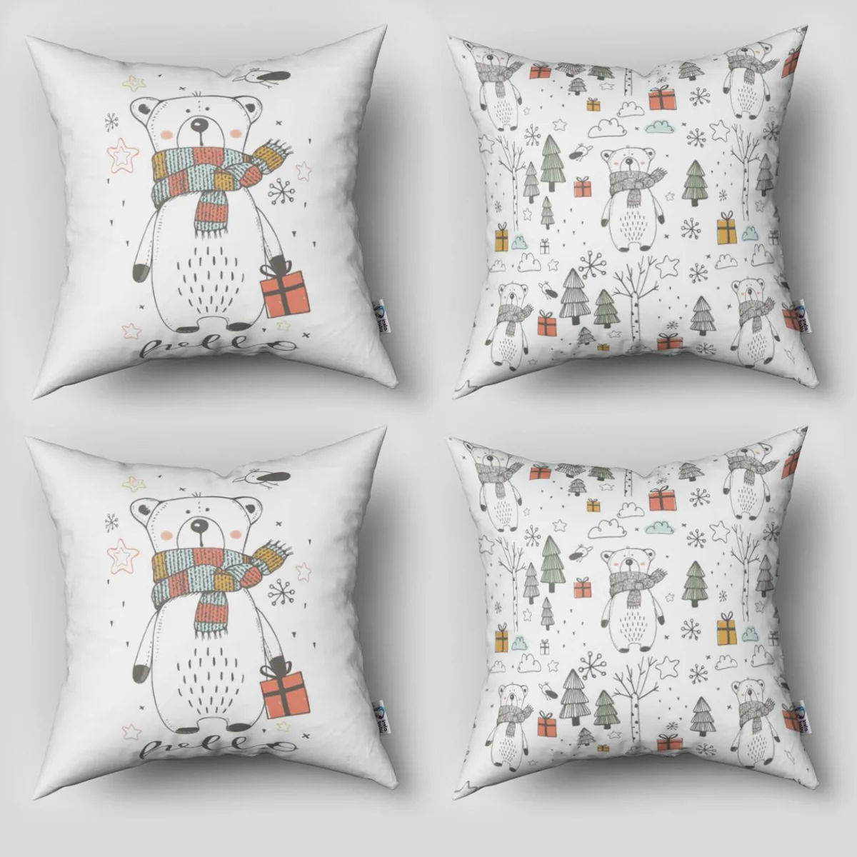 Kutup Ayısı 4lü Kırlent | Beyaz çam ağaçları, kar taneleri Desenli