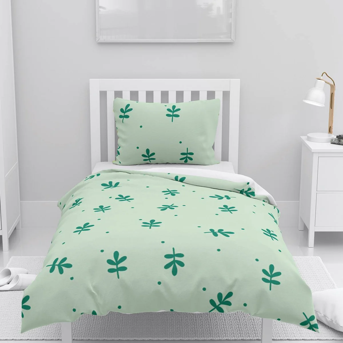 Doğa Nevresim Takımı | Yeşil yapraklar ve noktalar Desenli