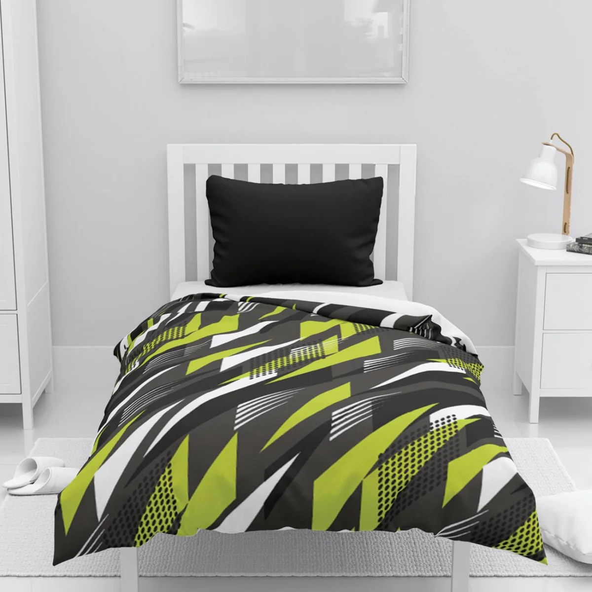 Soyut Geometrik Nevresim Takımı | Gri keskin açılı şekiller, çizgiler Desenli