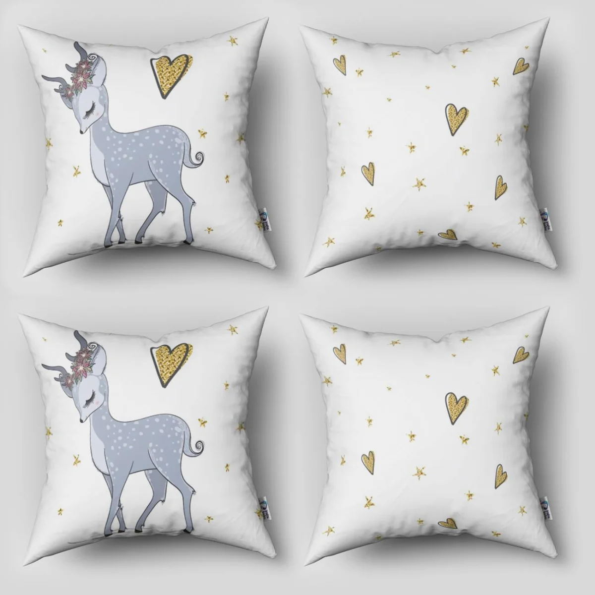 Geyik 4lü Kırlent | Beyaz çiçek, yıldız Desenli