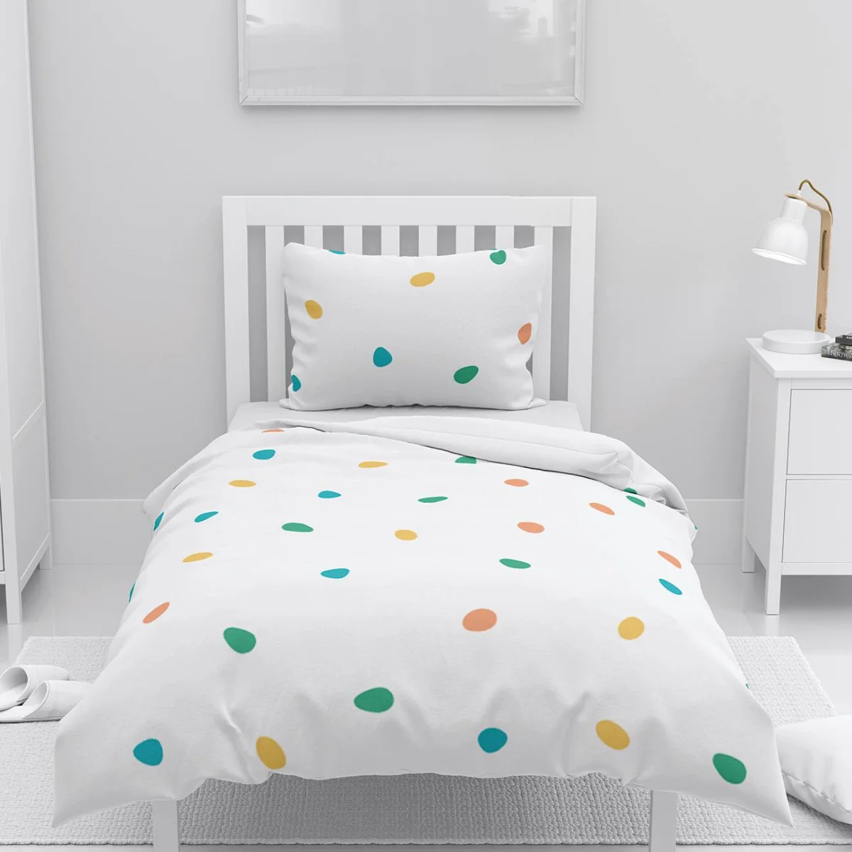 Puantiyeli / Nokta Desenli Nevresim Takımı | Beyaz Sarı, turuncu Desenli