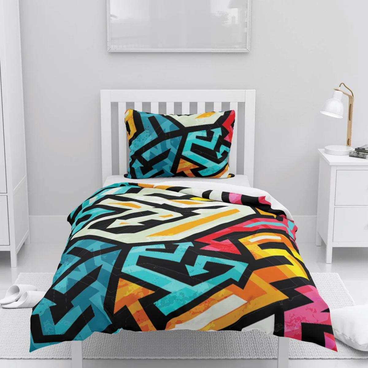 Soyut geometrik şekiller Nevresim Takımı | Çok renkli Keskin açılı hatlar, labirent Desenli