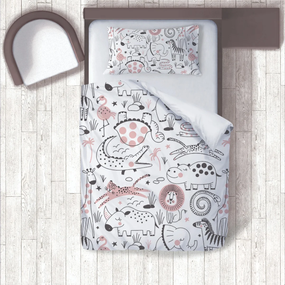 Orman Hayvanları Nevresim Takımı | Beyaz yıldız, bitki Desenli