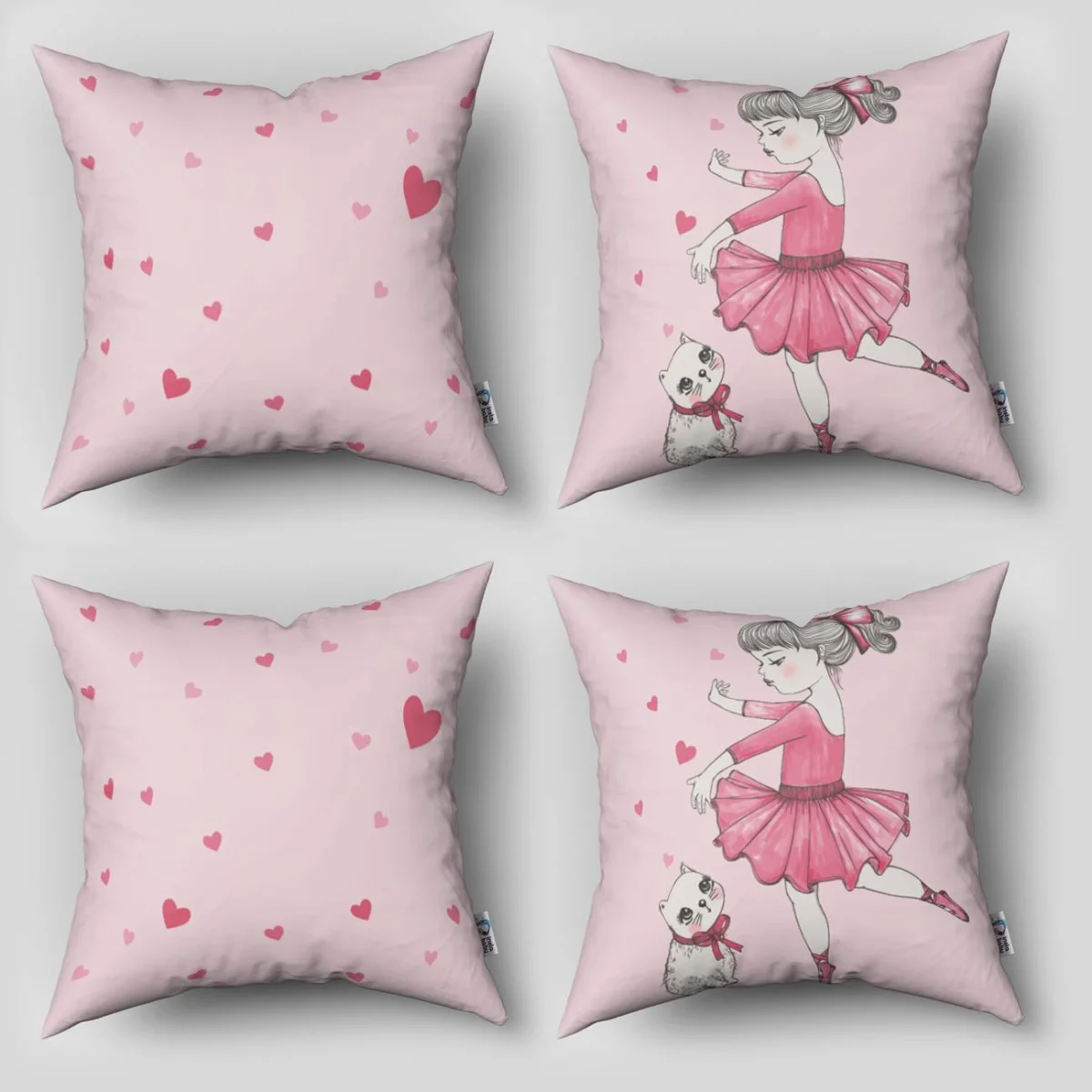 Balerin ve Kedi 4lü Kırlent | Pembe kalpler Desenli