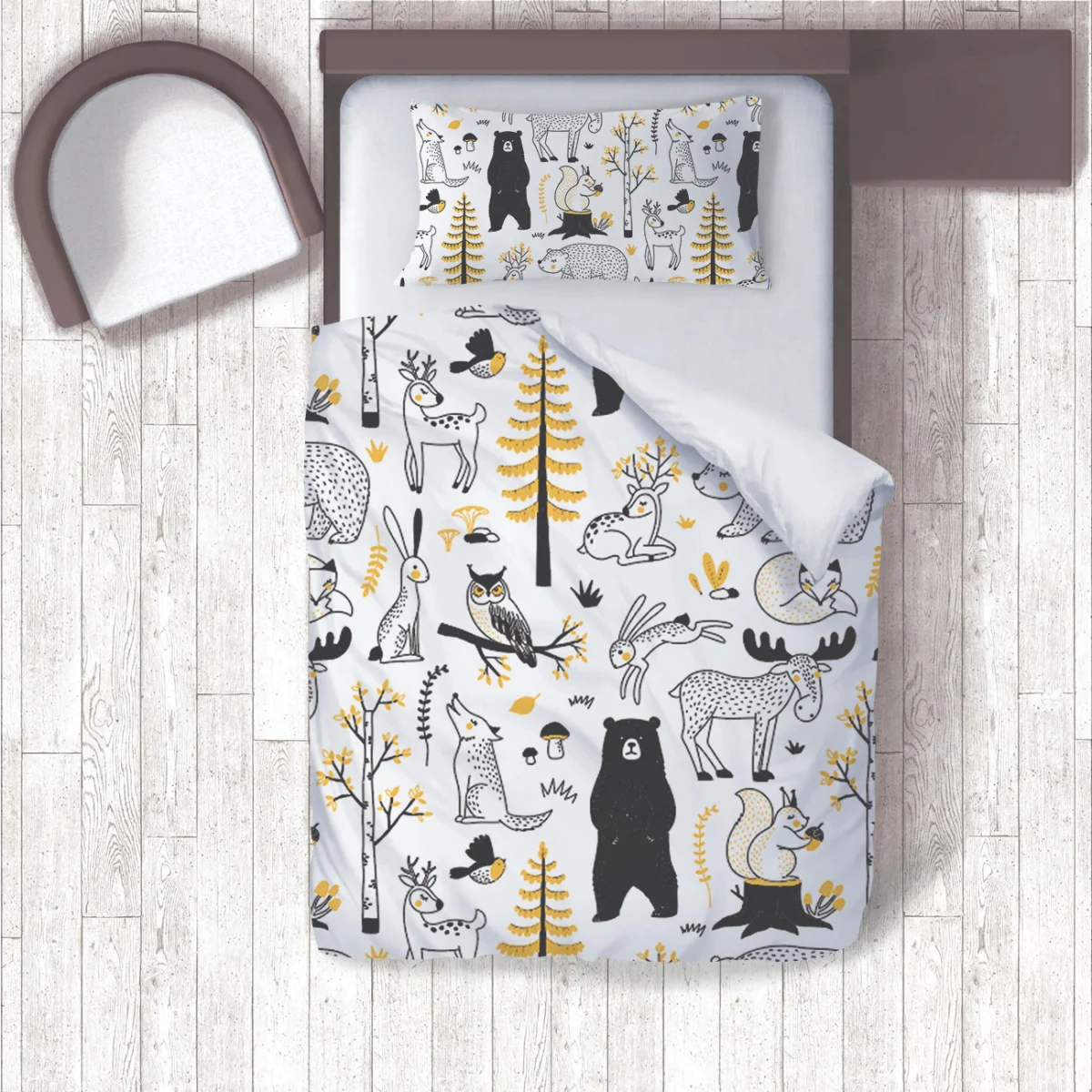 Orman Hayvanları Nevresim Takımı | Beyaz Ağaçlar, mantarlar Desenli