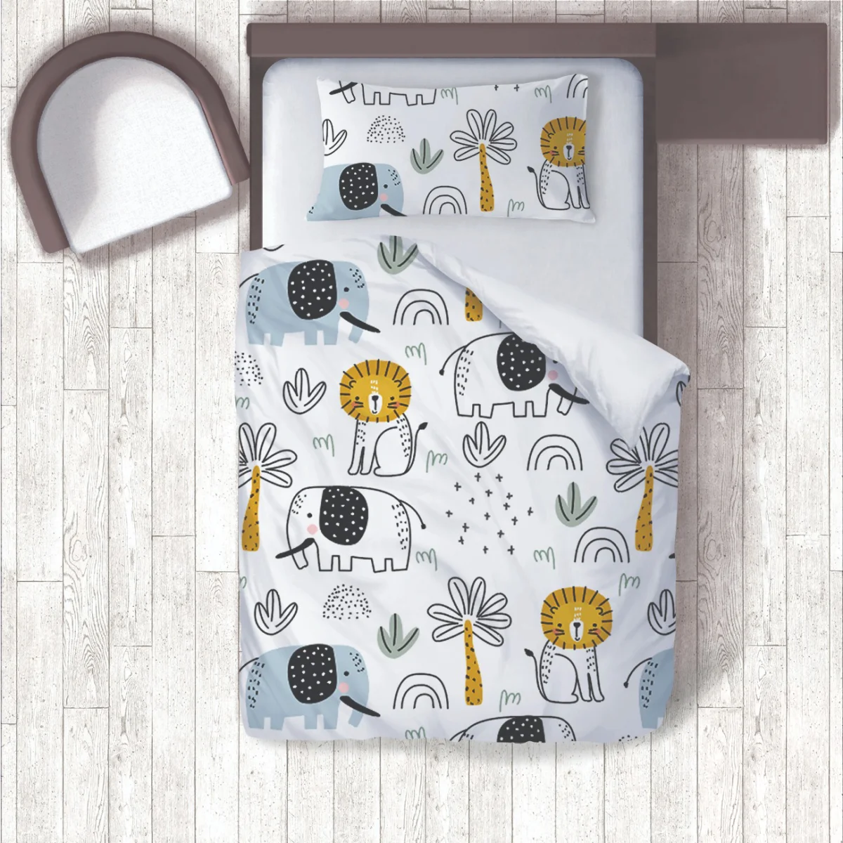 Orman Hayvanları Nevresim Takımı | Beyaz palmiye ağaçları, gökkuşağı Desenli