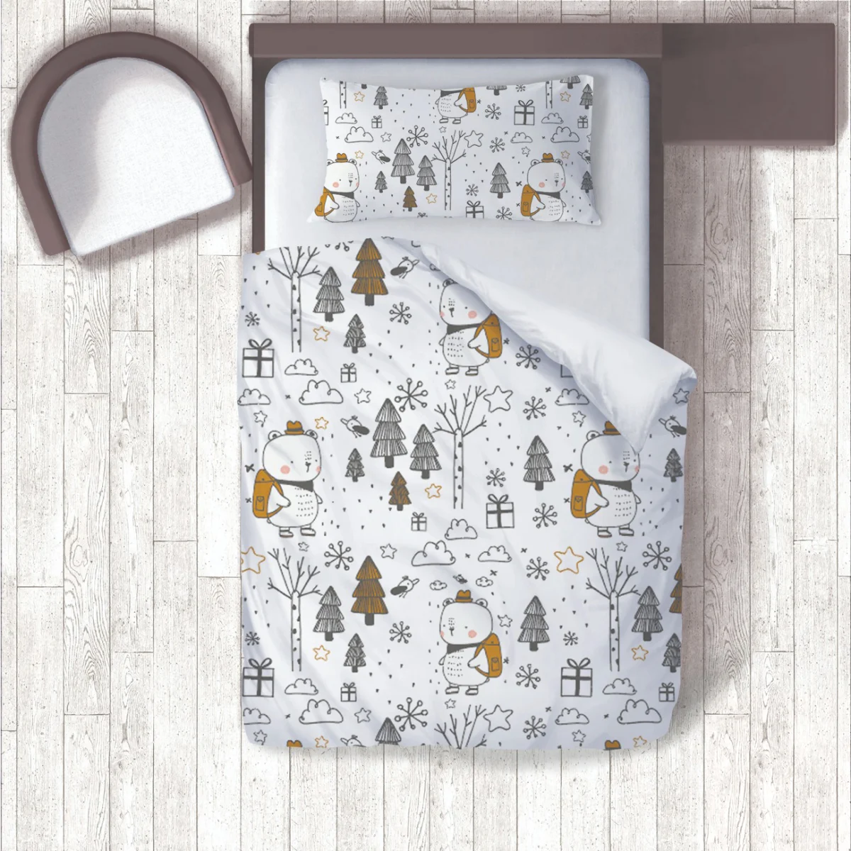 Orman Hayvanları Nevresim Takımı | Beyaz ağaçlar, kuşlar Desenli