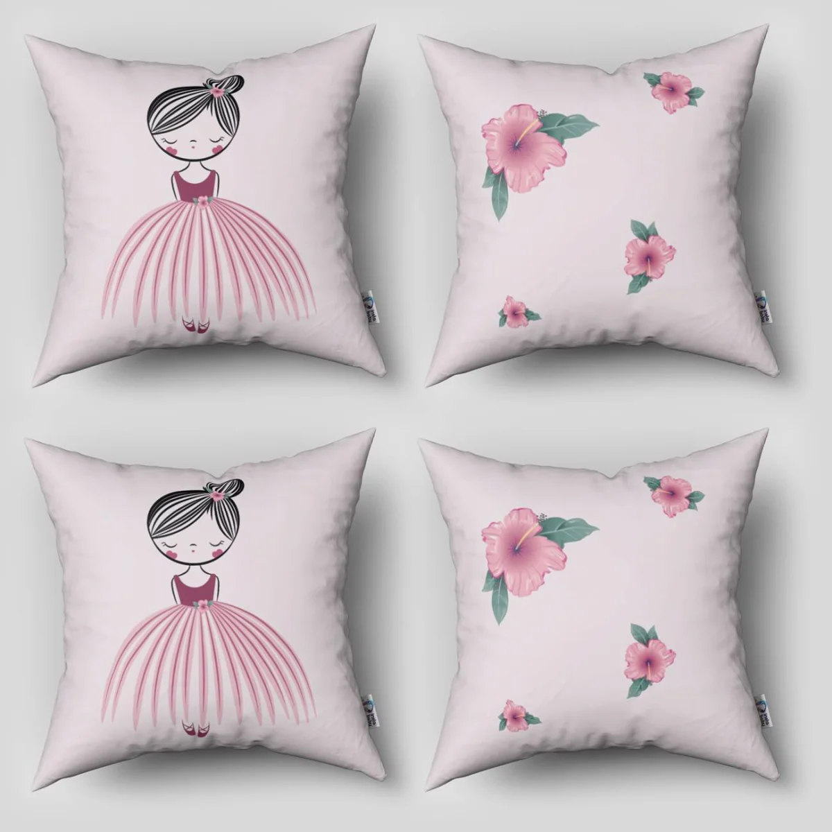 Balerin kız 4lü Kırlent | Açık pembe Pembe çiçek, bale ayakkabıları Desenli