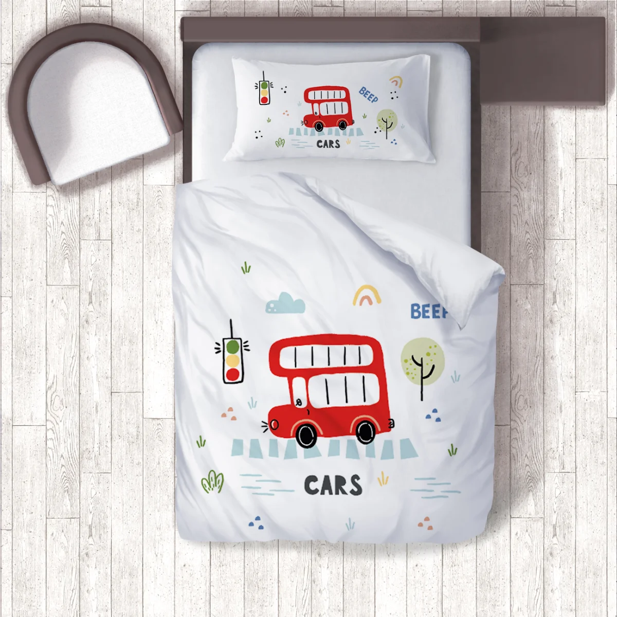 Arabalar Nevresim Takımı | Beyaz gökkuşağı, bulut Desenli