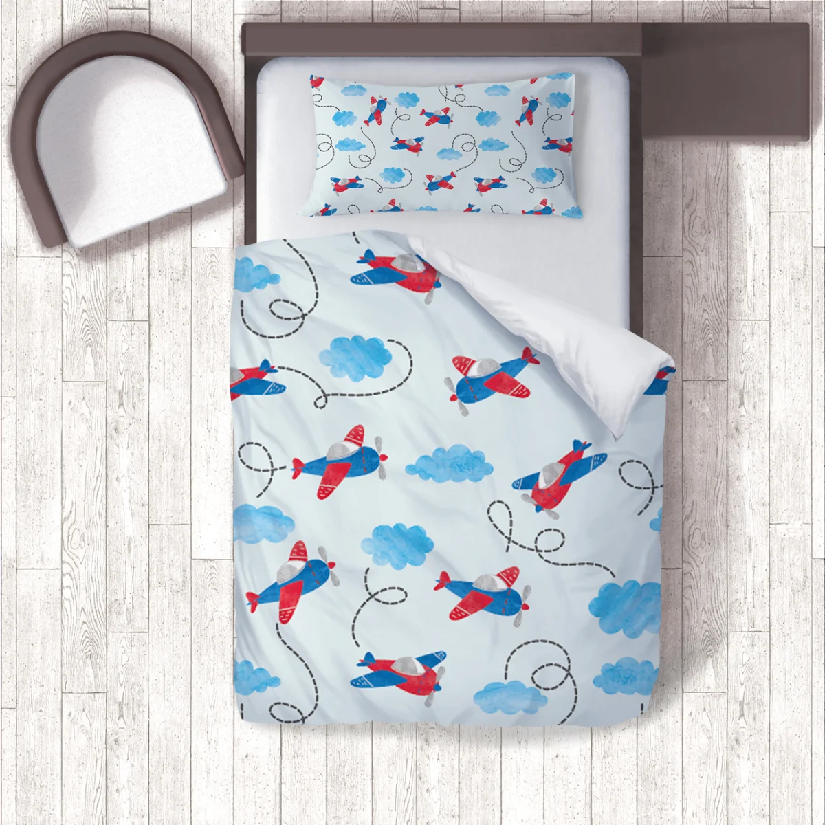 Uçaklar Nevresim Takımı | Mavi bulutlar, uçak izleri Desenli