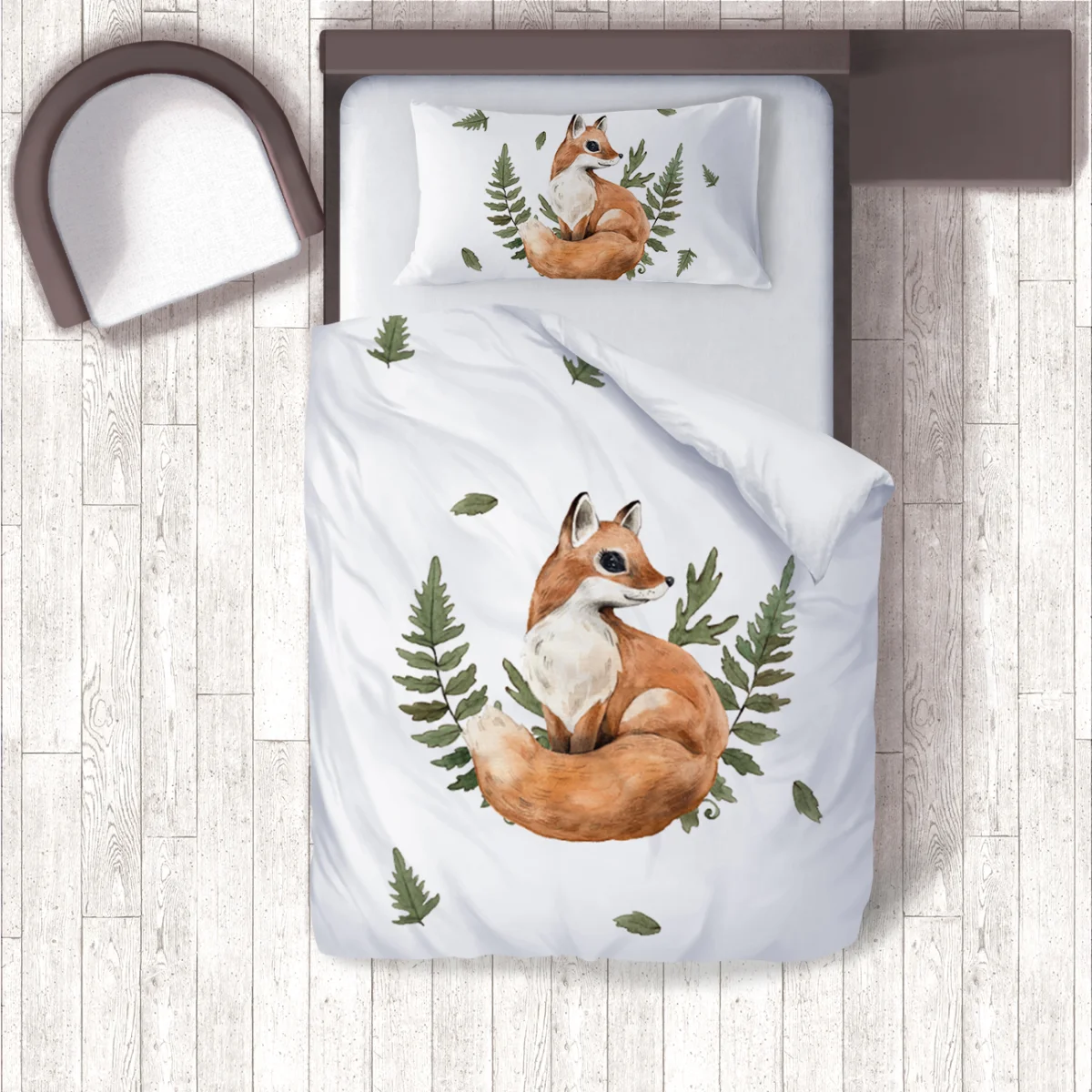 Tilki, Orman Hayvanları Nevresim Takımı | Beyaz Eğrelti otu, düşen yapraklar Desenli