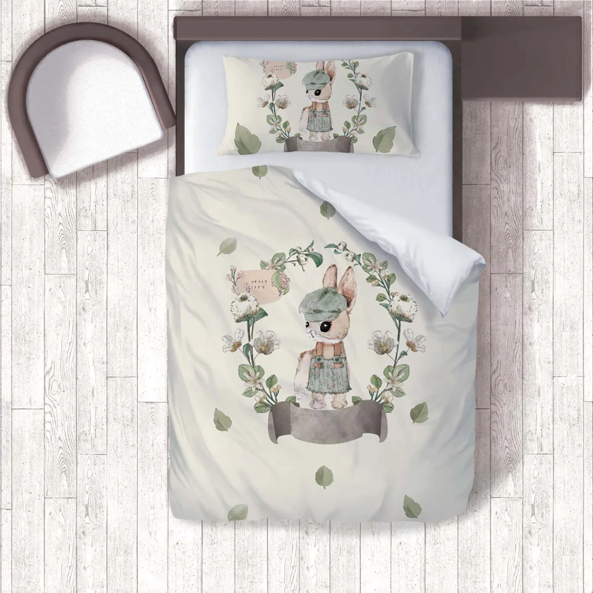 Tavşan Nevresim Takımı | Krem yapraklar, çiçekler Desenli