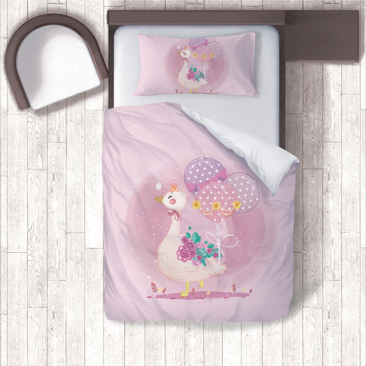 Prenses Kaz Nevresim Takımı | Pembe balonlar, çiçekler Desenli