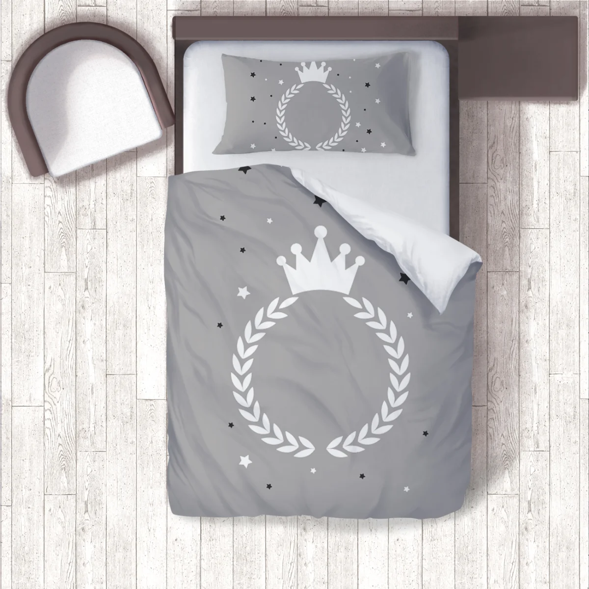 Kraliyet / Taç Nevresim Takımı | Gri Yıldızlar, defne yaprağı çelengi Desenli