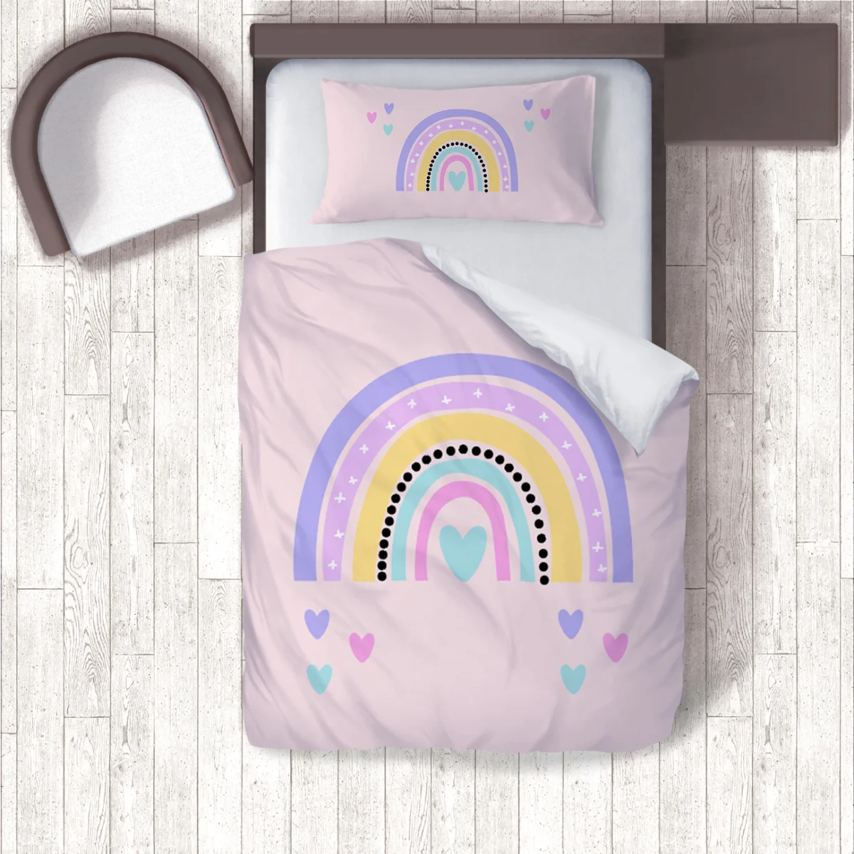 Gökkuşağı Nevresim Takımı | Pembe gökkuşağı, kalpler Desenli