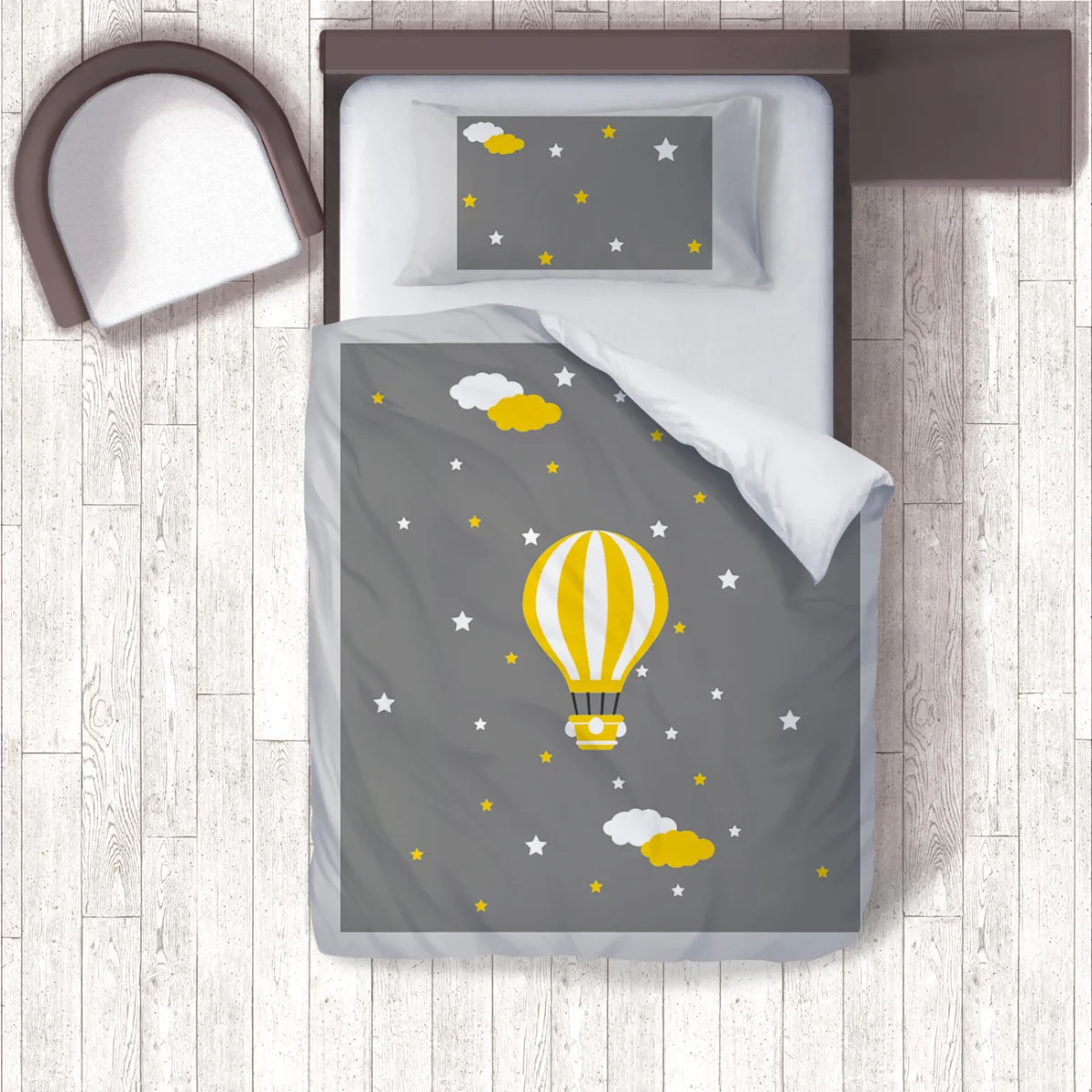 Sıcak hava balonu Nevresim Takımı | Gri yıldız, bulut Desenli