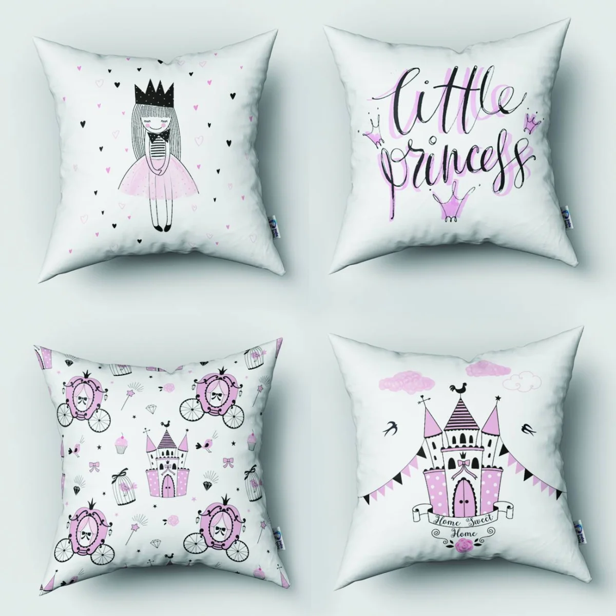 Prenses 4lü Kırlent | Beyaz Kalpler, kale Desenli