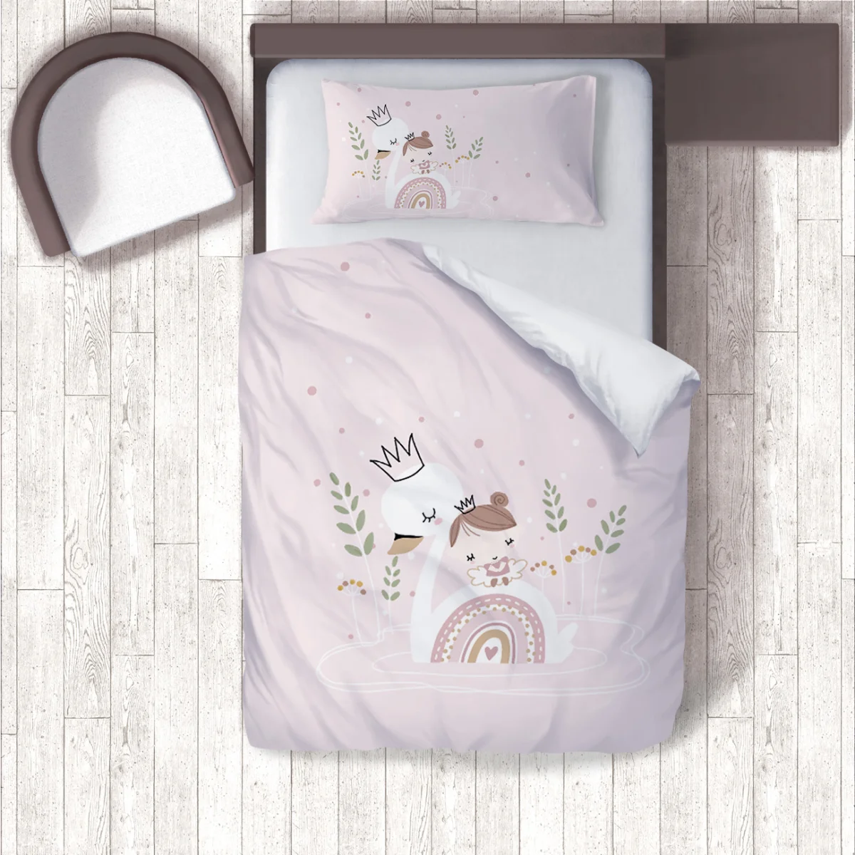 Kuğu Nevresim Takımı | Pembe kız çocuk, gökkuşağı Desenli