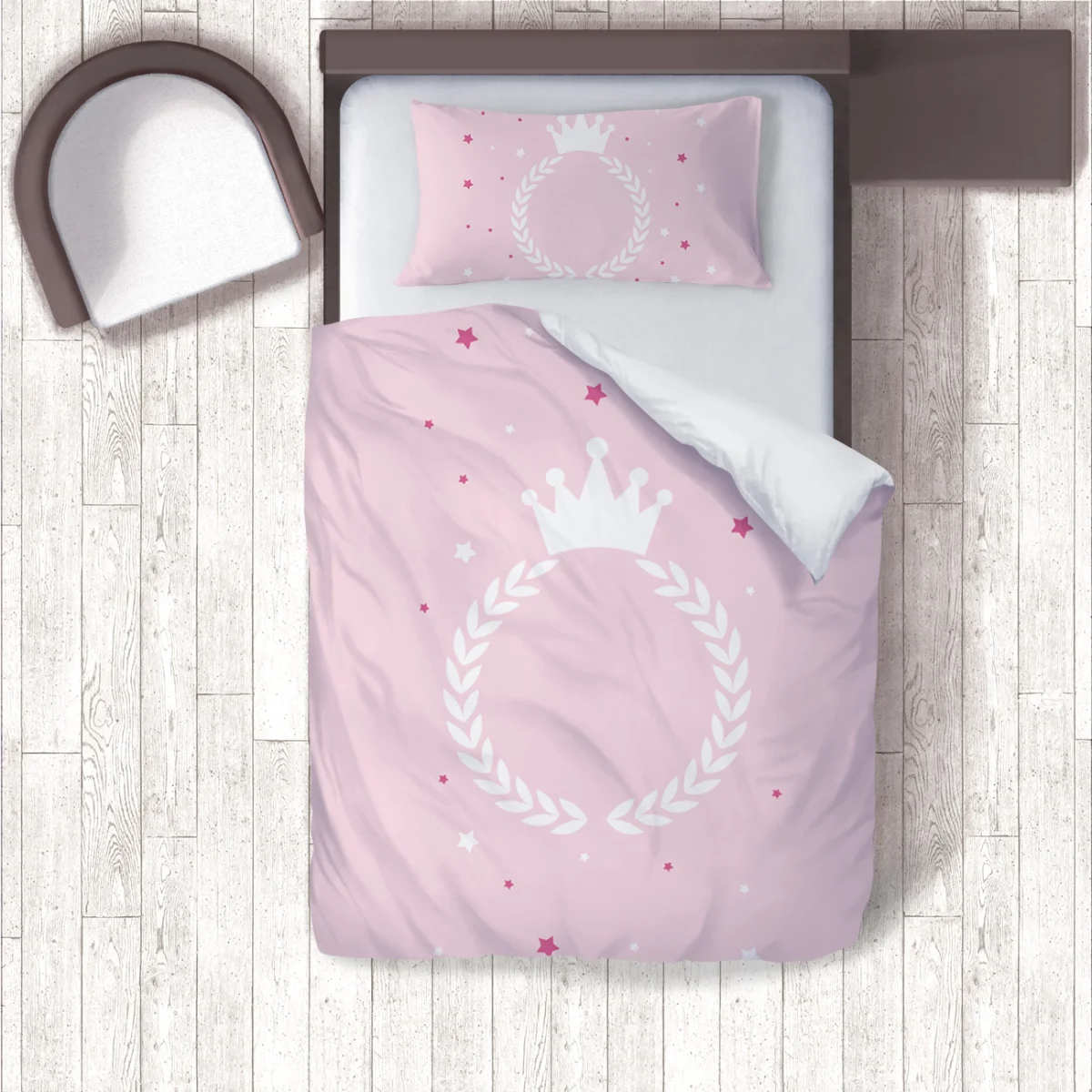 Prenses Nevresim Takımı | Pembe taç, defne çelengi ve yıldızlar Desenli