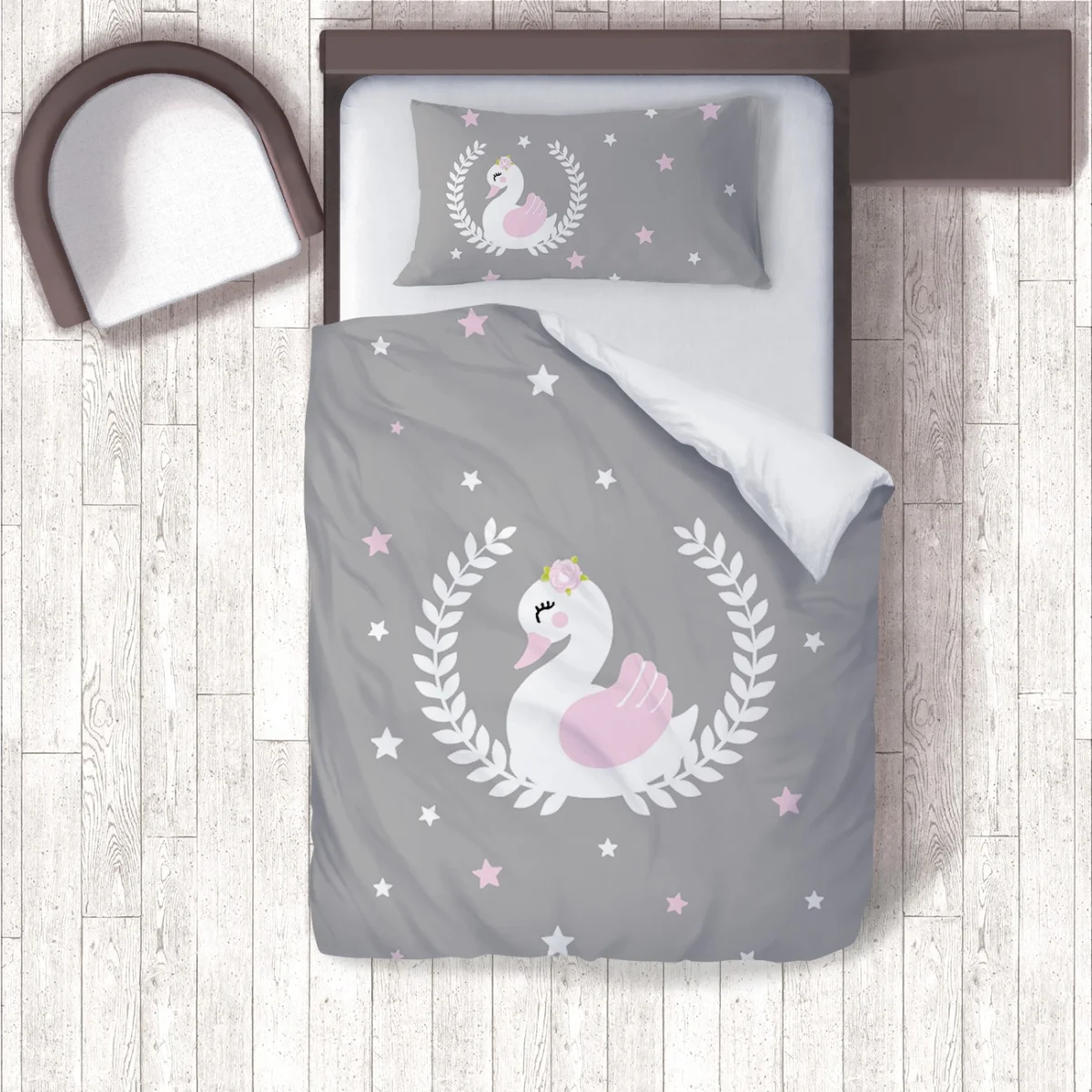 Kuğu Nevresim Takımı | Gri yıldız, yaprak çelenk Desenli