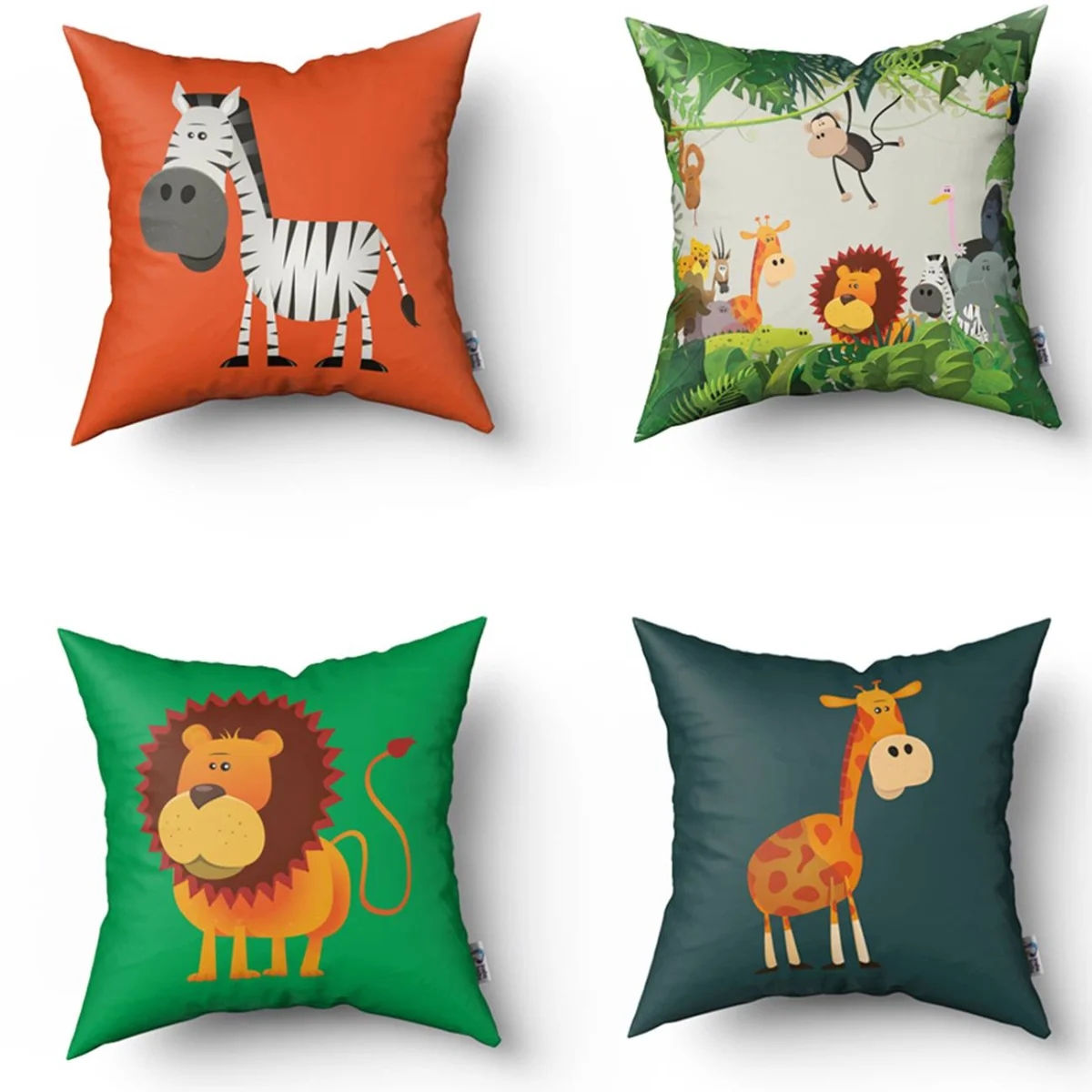 Orman Hayvanları 4lü Kırlent | Açık Gri yeşil yapraklar ve sarmaşıklar Desenli